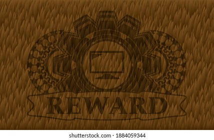 screen icon and Reward text Hairy brown fur realistic badge. Animal graceful background. Illustration. 