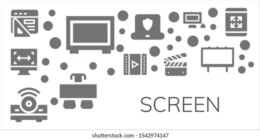 screen icon set. 11 filled screen icons.  Collection Of - Browser, Big screen, Size, Video, Projector, Clapperboard, Laptop, Desk, Personal computer, Billboard, Maximize icons
