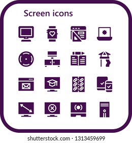 screen icon set. 16 filled screen icons.  Simple modern icons about  - Tv, Smartwatch, Browser, Laptop, Focus, Television, Learn, Slide, Tablet, Responsive, Touch screen, Computer