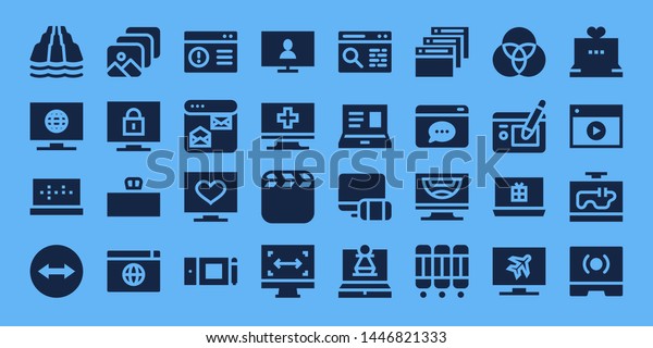 screen icon\
set. 32 filled screen icons. on blue background style Collection Of\
- Slide, Television, Laptop, Team viewer, Browser, Desk, Graphic\
tablet, Computer, Video,\
Size