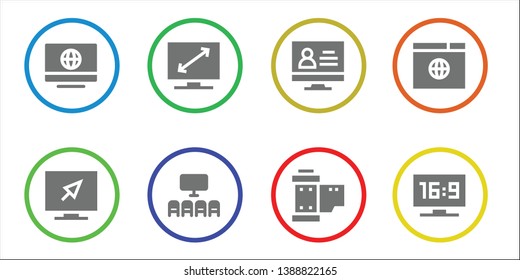 screen icon set. 8 filled screen icons.  Collection Of - Computer, Television, Cinema, Monitor, Reel, Browser