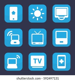screen icon. Set of 9 filled screen icons such as TV, display, laptop, contrast, home on phone display, laptop signal