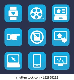 Screen icon. set of 9 filled screen icons such as no laptop, pointing, phone, laptop, real estate on laptop, home on tablet, graph on display, camera tape