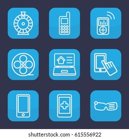 Screen icon. set of 9 outline screen icons such as Roulette, finger on display, phone, movie tape, real estate on laptop, mp3 player, smart glasses