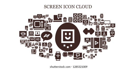  screen icon set. 93 filled screen icons. Simple modern icons about  - Tamagotchi, Popcorn, Television, Laptop, Maximize, Tablets, Tv, Focus, Smartwatch, Computer, Tablet, Print