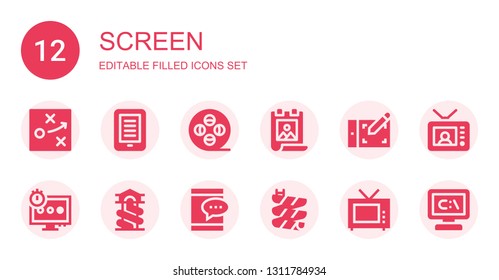 screen icon set. Collection of 12 filled screen icons included Strategy, Ebook, Film reel, Poster, Graphic tablet, Computer, Slide, Ipad, Television, Tv