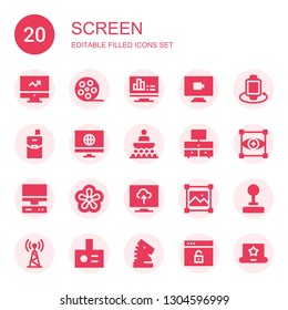 screen icon set. Collection of 20 filled screen icons included Computer, Film reel, Video, Smartwatch, Cellphone, Screen, Conference, Television, Focus, Violet, Resize, Joystick