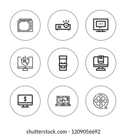 Screen icon set. collection of 9 outline screen icons with arcade machine, computer, graphic tablet, film reel, laptop, projector icons. editable icons.