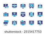 Screen icon set. Duotone color. Vector illustration. Containing screenmirroring, bigscreen, screen, modeling, computer, startup, monitor, alert, onlineshopping.