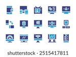 Screen icon set. Duotone color. Vector illustration. Containing bigscreen, curvedscreen, screen, smartphone, time, settings, computer, device, television, alarm, server.