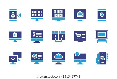 Ícone de tela definido. Cor duotônica. Ilustração vetorial. Contendo espelhamento de tela, tela, compras on-line, computador, codificação, smartphone, monitor, marca de seleção.
