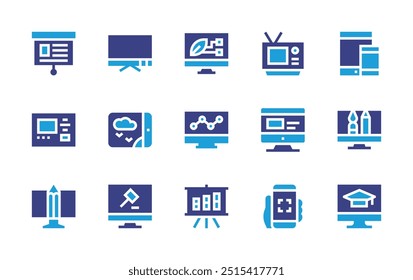 Screen icon set. Duotone color. Vector illustration. Containing screen, linegraph, presentation, design, interactivity, computer, graphicdesign, tablet, onlinelearning.