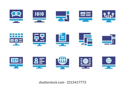 Screen icon set. Duotone color. Vector illustration. Containing screen, internet, news, computer, binarycode, onlineshop, chat, devices.