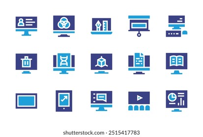 Screen icon set. Duotone color. Vector illustration. Containing screen, colorscheme, projectorscreen, text, dna, computer, user, television, graphicdesign, recyclebin, data.