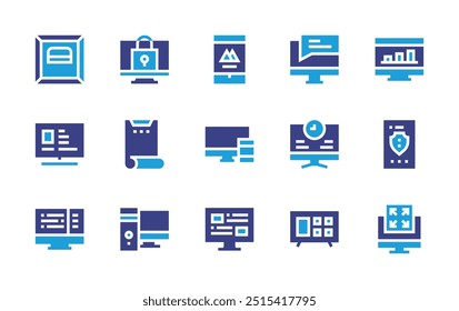 Bildschirmsymbolsatz. Duotonfarbe. Vektorgrafik. Enthaltend flexibler Bildschirm, reagieren, Sicherheit, Computer, Monitor, Code, Workstation, Menü, Termin.