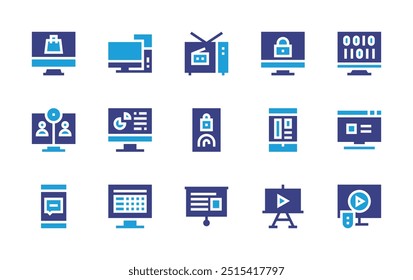 Conjunto de iconos de pantalla. Color duotono. Ilustración vectorial. Contiene huellas dactilares, televisión, multimedia, presentación, smarttv, informática, candado, móvil, computadora.