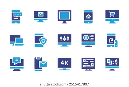 Screen icon set. Duotone color. Vector illustration. Containing computer, responsive, lcd, smartphone, fingerprint, software, onlineshop, mail.