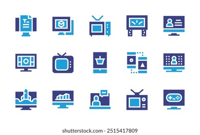 Screen icon set. Duotone color. Vector illustration. Containing abtesting, bigscreen, monitor, television, tv, dmodeling, computer, help, onlineshopping, blog, graphic.