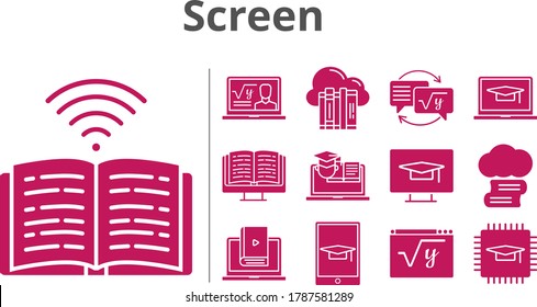 screen icon set. included chip, homework, learn, maths, book, training, cloud, cloud library, professor, ebook icons. filled styles.