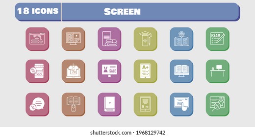screen icon set. included exam, tablet, online shop, ereader, ebook, desktop, smartphone, online-learning, chat, touchscreen icons on white background. linear, filled styles.