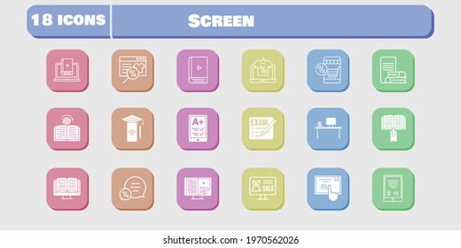 screen icon set. included exam, online shop, tablet, ereader, desktop, ebook, smartphone, learn, online-learning, chat icons on white background. linear, filled styles.