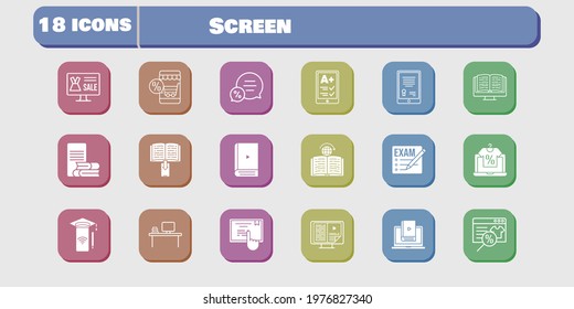 screen icon set. included exam, online shop, tablet, ereader, smartphone, desktop, ebook, learn, online-learning, chat icons on white background. linear, filled styles.