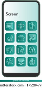 screen icon set. included handshake, profits, online shop, shopping bag, sale, shirt, mortgage, discount, stopwatch, shopping basket icons on phone design background . linear styles.