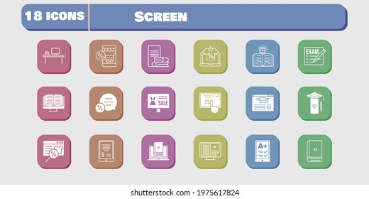 screen icon set. included smartphone, learn, learning, touchscreen, login, exam, online shop, tablet, ereader, ebook icons on white background. linear, filled styles.