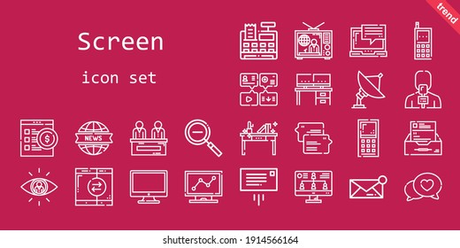 screen icon set. line icon style. screen related icons such as news, smartphone, television, news reporter, searching, cash register, news report, monitor, message, laptop, analytics, online shop