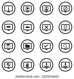 Screen Icons. Black Flat Design In Circle. Vector Illustration.
