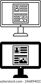 Screen Icons. Black and White Vector Website Icons on Computer Screen. Video and Social Networks Concept