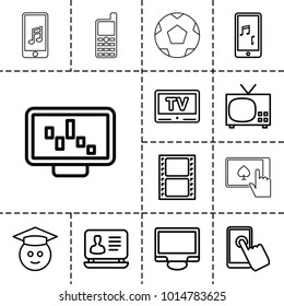 Screen icons. set of 13 editable outline screen icons such as laptop, graduate emoji, tv, graph on display, touchscreen, movie tape, display, mobile phone music