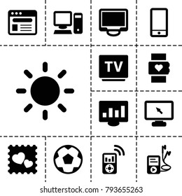 Screen icons. set of 13 editable filled screen icons such as heart rate watch, photo with heart, tv, phone, display, browser, mp3 player, chart on display, contrast, pc