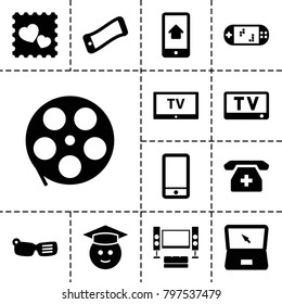 Screen icons. set of 13 editable filled screen icons such as graduate emoji, movie tape, wavy phone, smart glasses, photo with heart, phone, laptop, portable game console, tv