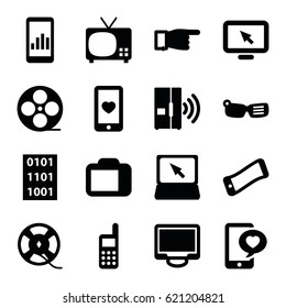 Screen icons set. set of 16 screen filled icons such as pointing, heart mobile, phone with heart, movie tape, laptop, display, film tape, phone, camera display, intercom