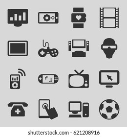 Screen icons set. set of 16 screen filled icons such as joystick, movie tape, tablet, medical phone, gear on display, pc, mp3 player, portable game console, TV