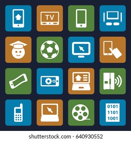 Screen icons set. set of 16 screen filled icons such as finger on display, phone, graduate emoji, laptop, gear on display, tv, tv set, intercom, binary code, movie tape