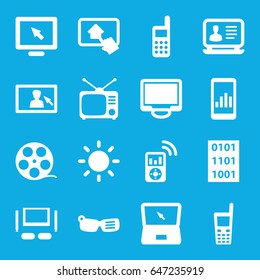 Screen icons set. set of 16 screen filled icons such as laptop, tv, display, old phone, phone, contrast, camera display, home on tablet, tv set, mp3 player, binary code