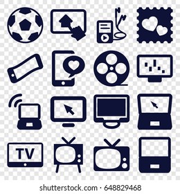 Screen icons set. set of 16 screen filled icons such as tv, photo with heart, phone with heart, movie tape, display, mp3 player, laptop, home on tablet, laptop signal