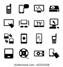 Screen icons set. set of 16 screen filled icons such as tv, pointer on display, finger on tablet, finger on display, phone, old phone, dvd player, film tape