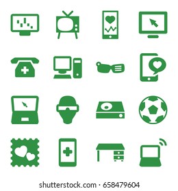 Screen icons set. set of 16 screen filled icons such as office desk, heartbeat on phone, photo with heart, phone with heart, dvd player, laptop, medical phone, pc