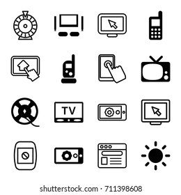 Screen icons set. set of 16 screen filled and outline icons such as baby monitor phone, phone, film tape, contrast, gear on display, tv, tv set, roulette, browser