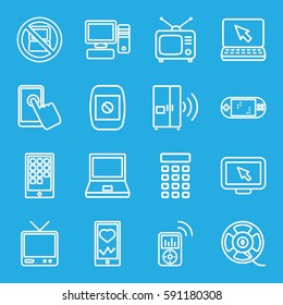 screen icons set. Set of 16 screen outline icons such as no laptop, heartbeat on phone, Tv, TV, film tape, pc, camera display, intercom, calendar on phone, mp3 player