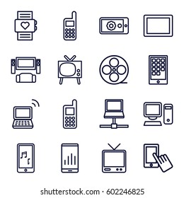 screen icons set. Set of 16 screen outline icons such as finger on display, phone, movie tape, TV, tablet, laptop, mobile phone music, gear on display, pc, heart rate watch