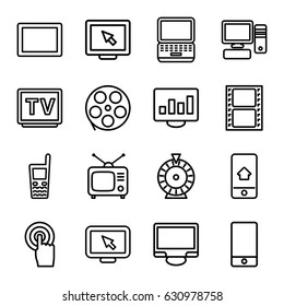 Screen icons set. set of 16 screen outline icons such as roulette, movie tape, tv, tv, phone, touchscreen, tablet, display, old phone, pc, home on phone display