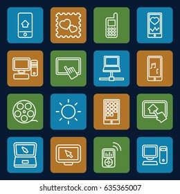 Screen icons set. set of 16 screen outline icons such as finger on tablet, phone, heartbeat on phone, photo with heart, laptop, pc, contrast, mp3 player, camera tape