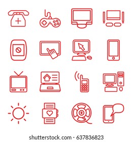Screen icons set. set of 16 screen outline icons such as joystick, pointer on display, finger on tablet, tv, display, medical phone, film tape, camera, contrast