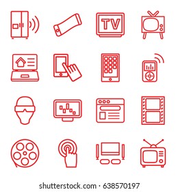 Screen icons set. set of 16 screen outline icons such as finger on display, movie tape, tv, tv, touchscreen, browser, real estate on laptop, tv set, intercom