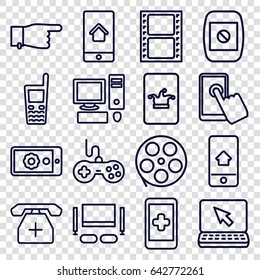 Screen icons set. set of 16 screen outline icons such as joystick, poker on phone, pointing, movie tape, old phone, medical phone, camera display, gear on display, tv set, pc