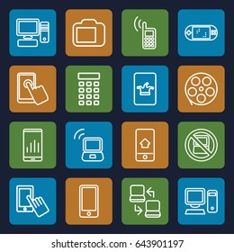 Screen icons set. set of 16 screen outline icons such as no laptop, poker on phone, finger on display, pc, phone, camera display, intercom, laptop connection, laptop signal